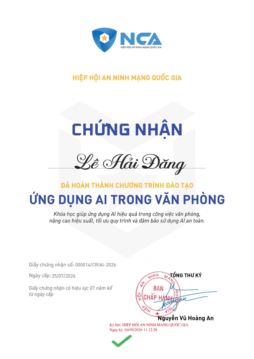 Chứng nhận hoàn thành chương trình Ứng dụng AI trong văn phòng của Lê Hải Đăng